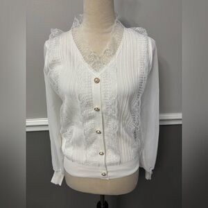 J.ing Elegant White Lace Trim Cardigan Sweater